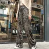 Women Velvet Wide Leg Pants Spring Autumn High Waist Leopard Printed Casual Female Long Trousers Spilt Straight Pantalons 210423