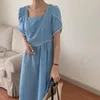 Summer Blue Chic Puff Sleeves OL Vintage All Match Retro Long Dresses Short Femme Streetwear Vestidos 210525