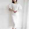 Zomer elegante twee-lagen flare mouw kanten jurk vrouwen casual korte witte O-hals uitgeholde sexy midi bodycon jurk 210514