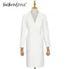 White Minimalist Dress For Women V Neck Long Sleeve High Waist Casual OL Dresses Female Clothing Autumn 210520