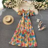 Summer Runway Floral Print Spaghetti Strap Puff Sleeve Chiffon Pleated Overalls With Belt Women Beach Boho Long Dress 210416