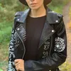 Ftlzz New Spring Outono Mulheres Inverno Faux Couro Casacos Preto Punk Rivet Jaqueta De Motocicleta Zipper Epaulet Impresso Casacos Biker