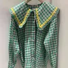 Söt peter pan collar knapp upp skjorta kvinna pläd blus våren mode kontrast färg camisas mujer kvinnor långärmad toppar 210514