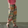 Spring Arts Style Women Elastic Waist Loose Ankle-length Pants Vintage Dyeing Cotton Linen Harem Femme V227 210512