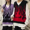 maglione lavorato a maglia Autunno Inverno fiamma stampato scollo a V gilet senza maniche maglione allentato Harajuku casual fidanzato pullover donna 31F 210420