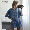 KLKXMYTツーピースセット女性夏の緩いファッションプリントバットウィング半袖ビーチクロップドブラウス+弾性ウエストカジュアルショーツ210527