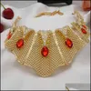 Bransoletka, Kolczyki Naszyjnik Zestawy Biżuterii Fine Set Bridal Set Nigerii Wedding Dubai Gold For Women African Big Red Stone Jewellery Drop Drop