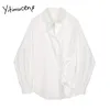 Yitimuceng White Women Blouses Casual Long Sleeve Blue Striped Office Lady Shirt Turn-Down Collar Button Up Shirts Loose Tops 210601
