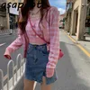 Mode Rosa Plaid Cardigan Tröjor Kvinnor Höst Lösa Långärmade Toppar Chic Koreansk Wild Camisole 2 Piece Sets Sweet Gentle 210925