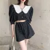 Być może u Kobiety Lato Słodki Elegancki Dżins Dwuczęściowy Set Puff Rękaw Krótka Koszula Top Casual High Waist Szerokie nogi Krótkie Pant T3036 210529