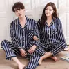 Ensemble de pyjamas en soie pour couple à manches longues Striped Shiny Pyjama Femmes Oversize Casual Mens Sleepwear Nightgown Spring Home Clothing 210524