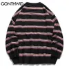 Gonthwid Harajuku Stripe Dzianiny Swetry Streetwear Hip Hop Casual Pullover Knitwear Męskie Fashion Crew Neck Topy 210818