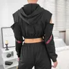 Rapwriter Casual Metal Chain Patchwork Lettera Ribbon Felpe con cappuccio manica lunga Donna Autunno Inverno Nero Harajuku Pullover Crop Top T200402