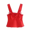 トップ女性夏赤弓ストラップ作物女性ファッション調節可能なストラップフリルノースリーブコルセットタンクカミス210519