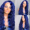 Long Blue/Wine Red Deep Wave Wigs Lace Frontal Synthetic Wig Simulation Human Hair For American Black Women 150%