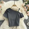 Kort Top Kvinnors Design Minoritet One Side Off Shoulder Sling Drawstring Pläterad Sexig Open Navel Versatile Sleeve T-shirt