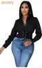 Womens Shirt Lapel Collar Lace Up Long Sleeve Short Top Casual Shirts Sexy Blouse Tops Asian Size S-2XL