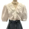 Sweet Lace Edge Patchwork Blouse Women Shirts Zomer Bladerdeeg Korte Mouw Womens Tops Single Breasted Blusas Mujer 210514