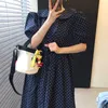 Korejpaa Women Dress Summer Korea Chic Gentle Age-Reducing Doll Collar Contrast Color Polka Dot Pleated Puff Sleeve Vestido 210526