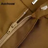 Aachoae Mode Brown Färg Långa byxor Kvinnor Pläterad Zipper Fly Penna Byxor Lady Baggy Elegant Kontorsbyxor Pantalon Femme Q0801