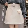 Mini jupes en laine de femmes coréennes automne hiver une ligne jupe courte au-dessus du genou ceinturé taille haute mince Faldas Mujer Chic 7166 210527