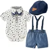 Set di abbigliamento Set di vestiti per pagliaccetto per neonato con cappello a fiocco Abito estivo a righe da gentiluomo Tuta da bambino per neonato