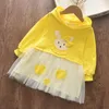 Ayı Lideri Bebek Kız Sevimli Kostüm Çocuk Kız Örgü Pamuk Patchwork Elbise Uzun Puf Kollu Prenses Elbiseler Ile 210708