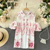 Runway Two Piece Set Summer Women Turn-dwon Collar Off shoulder Ruffled Short Sleeve Print Shirt and Wide Leg Shorts Suits 210603