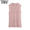 TRAF Women Fashion Losse Lange Kabel-Knit Vest Sweater Vintage V-hals Zijopeningen Vrouwelijke Vaillon Chic Tops 210415