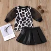 Ensembles de vêtements pour enfants filles tenues enfants Tops à manches en dentelle léopard + jupes en cuir PU 2pcs / set mode printemps automne été Boutique vêtements pour bébés