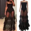 Roupas de banho feminina plus size boho babados maxi vestido de verão biquíni encobrimentos de praia festas sem mangas tule tulle long sundress roupas de praia