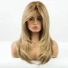 Long Wavy Synthetic Wig Hair Ombre Golden Yellow Blonde Natural Straight Layered Wigs with Side Bangs for African American Womenfactory dire