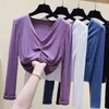 WWENN Tshirt Woman Clothes Tee Shirt Femme Long Sleeve Folds T Women Autumn Tops Slim Short T- Female Korean Cotton 210507