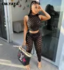 CM.YAYA Frauen Sets Solide Loch Durchsichtige Ärmellose Oansatz Crop Tops Mantel Elastische Lange Bleistift Hosen 2 Stück Set Sommer 2021 Y0625