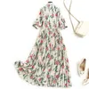 Elegant Summer Designers Fashion Woman Clothes Bow Collar Floral Printed Elastic Waist Pleated Dress 210601