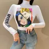 CNYISHE Casual Bodycon Letter Print Bodysuits Women Jumpsuits Long Sleeve Fashion Cartoon Rompers One Piece Turtleneck Bodysuit 210419