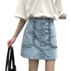 Korobov Donna Gonne di jeans Vita alta A-Line Faldas Mujer Stile preppy Tasche coreane chic Ruffles Gonna monopetto 210430