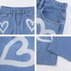 Padrão de coração azul jeans denim fêmea fêmea y2k calças para mulheres outono vintage harajuku straight cintura alta calças de comprimento total 210415