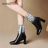 Sophitina Dames Laarzen Mode Snake Patroon Lederen Dames Mid-Calf Laarzen Vierkante Teen Rits Hoge Hak Vogue Damesschoenen SO700 210513