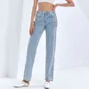 Łańcuch dżinsy dla kobiet Wysoka talia Hollow Out Straight Vintage Casual Blue Denim Spodnie Kobieta Moda Odzież 210521