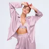 Hean Solid Loose Female Pajamas Satin Turndown Collar Z Długim Rękawem Kieszonkowy 2 Piece Set Spodnie Homewear Silk Women Sleepwear Suits 211112