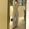 Sommar Elegant Kortärmad Brett Ben Rompers Overells Casual Fashion Notched Long Jumpsuits Kvinna Kontor Arbeta Solida Playsuits 210519