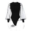 Ásia Sheer Bodysuit top ver através de patchwork crewneck manga comprida bodycon romper mulheres moda streetwear 210527