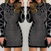 Casual Dresses 2021 Höst Vinter Kvinnor Svart Glit Långärmad Hög Neck Rhinestone Party Dress Mini Bodycon Corset Sexiga Robes