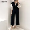 Neploe Korean Suit Chic Loose Puff Sleeve Shirt Dress + V-neck Drawstring Slim Waist Knitted Vest Simple 2 Piece Set Women 210730