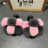Fox Fur Ball Woolen Women Slipper Color Block Flat Cute Sandal Couple/Parent-child shoes Casual Outer Wear Flip Flops Y0902