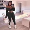 KLIOU RIBBED TRICTED 2 PIÈCES TORITES FEMMES AUTOMNE SOLID SLASH COUCH VETTE TOPSELASTIQUE LEGGINGS MATCHING STREETWEAR 210331