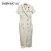 Robe élégante solide pour les femmes crantée à manches courtes taille haute Double boutonnage robes mi-longues femme printemps Style 210520