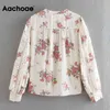 Aachoae Vintage Floral Frauen Bluse Hemd Spitze Patchwork Retro Damen Tops Plissee O Neck Print Weibliches Hemd Blusas Mujer 210413