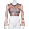 Retro Desen Örgü T-Shirt Kadın 90s Y2K Moda Ince O-Boyun Flare Kollu Kırpılmış E-Kız Vintage Tees Yaz Kadınların Top 210515